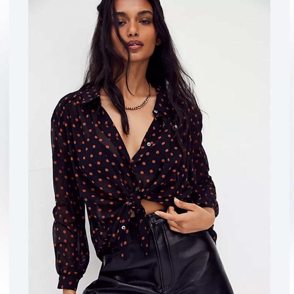 Free People Ciara Polka Dot Blouse Black Combo Size S